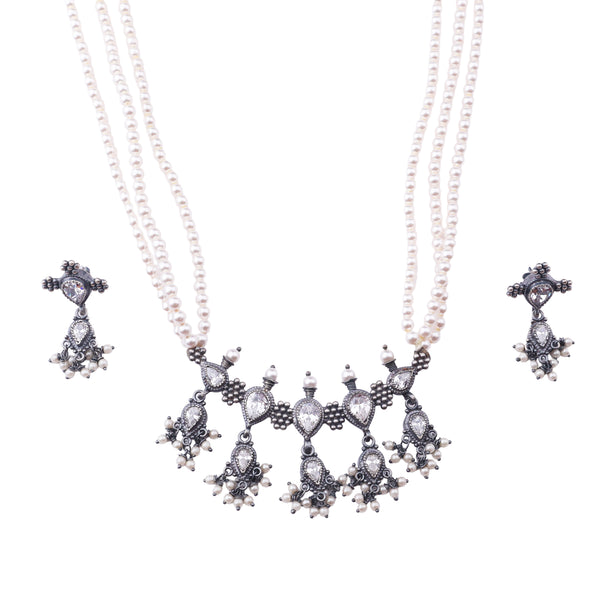 Silver CZ Kudi Tanmani Set with Pearls (5 Leaf)