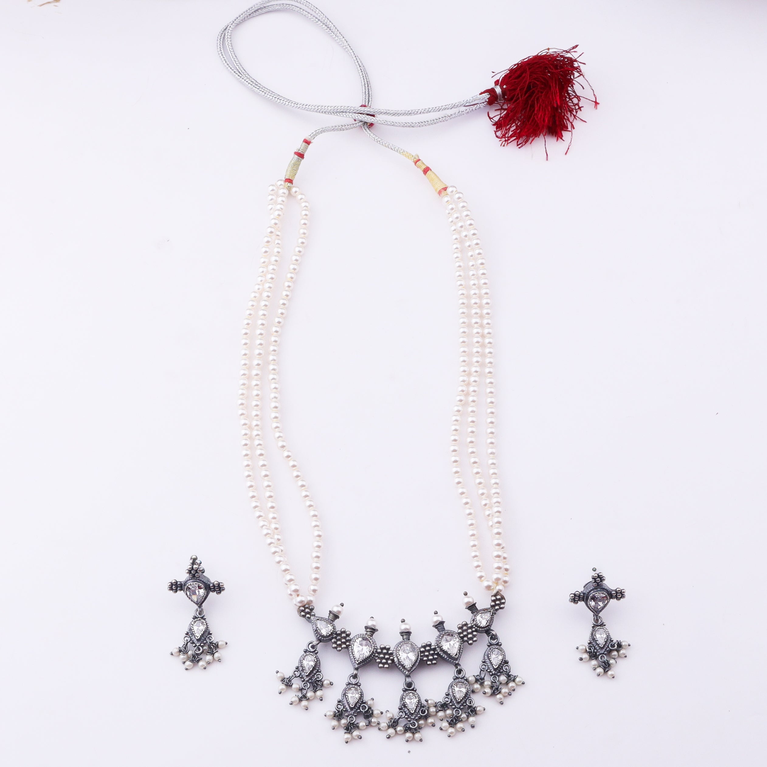 Silver CZ Kudi Tanmani Set with Pearls (5 Leaf)