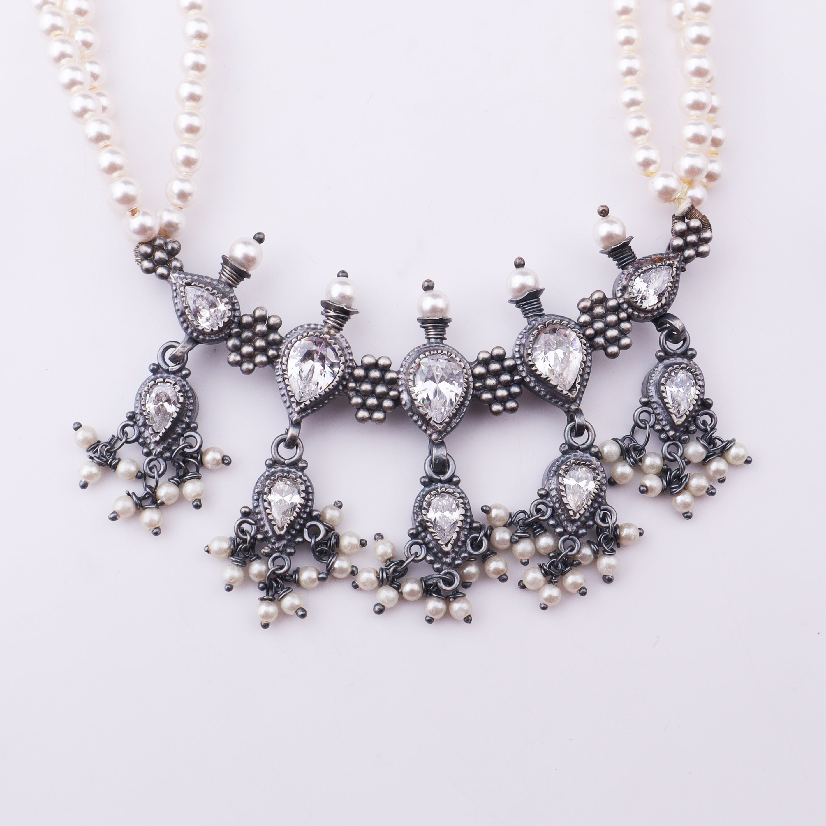 Silver CZ Kudi Tanmani Set with Pearls (5 Leaf)