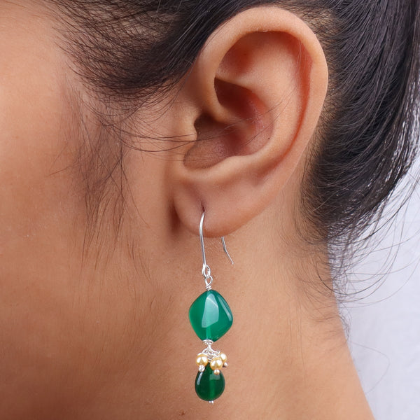 Green Onyx & Golden Pearl Silver Earrings (Project Handmade)