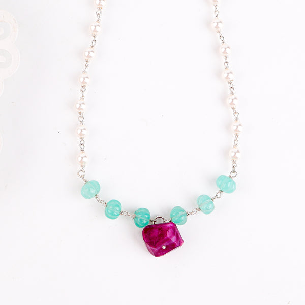 Multicolour Stone Necklace with Pearl Ganthan