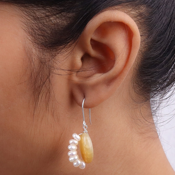 Yellow Agate & Freshwater Pearl Silver Earrings (Project Handmade)