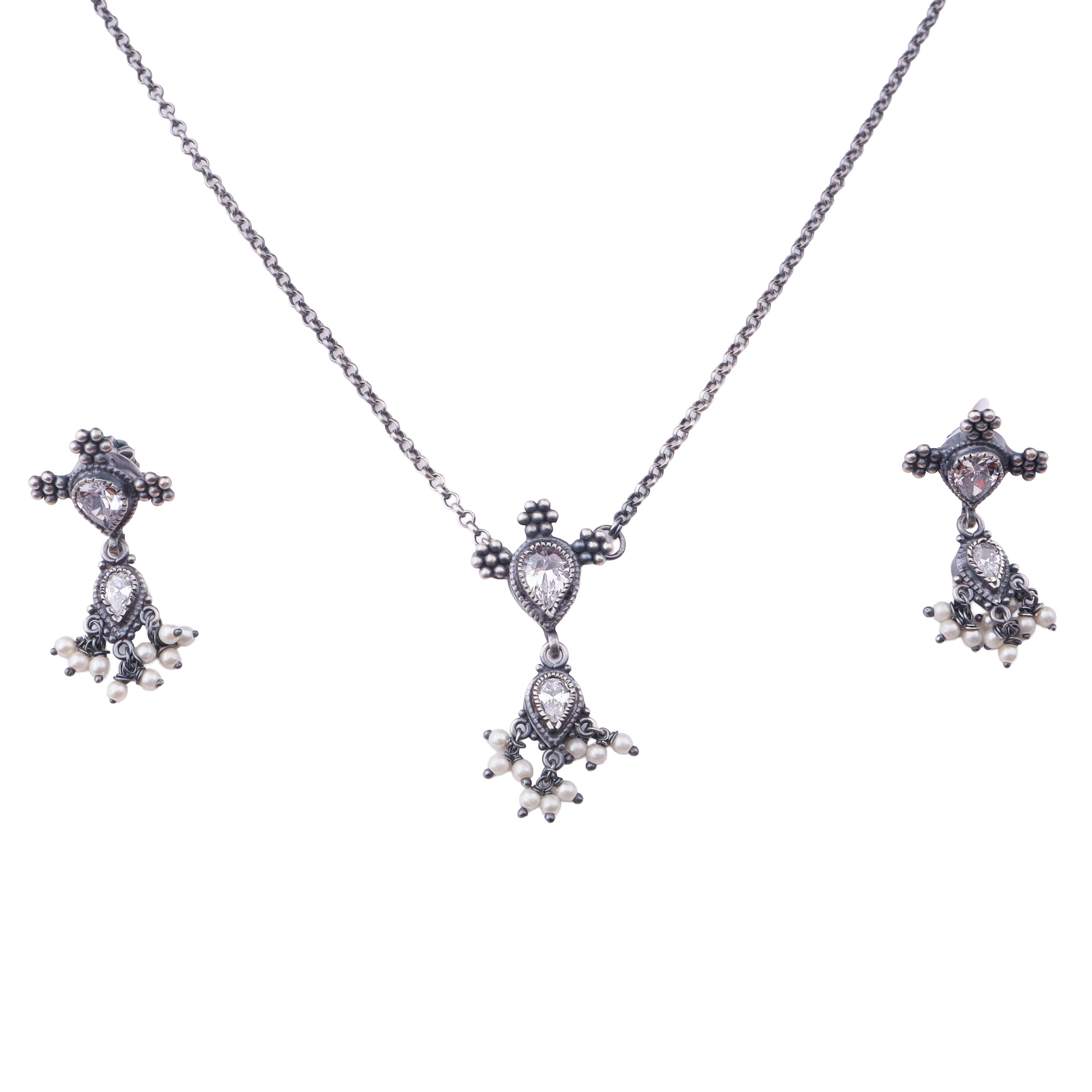 Silver CZ Kudi Tanmani Set with Pearls