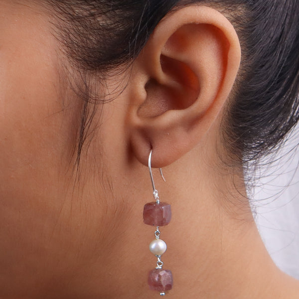 Strawberry Quartz & Pearl Silver Earrings (Project Handmade)