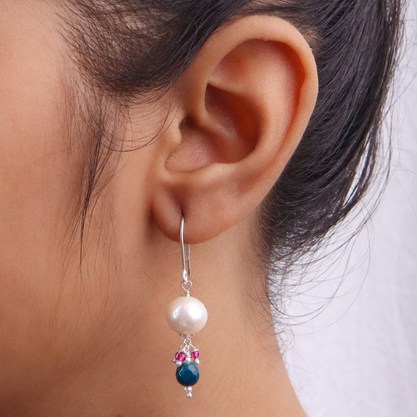 Blue Agate, Ruby & Pearl Silver Earrings (Project Handmade)