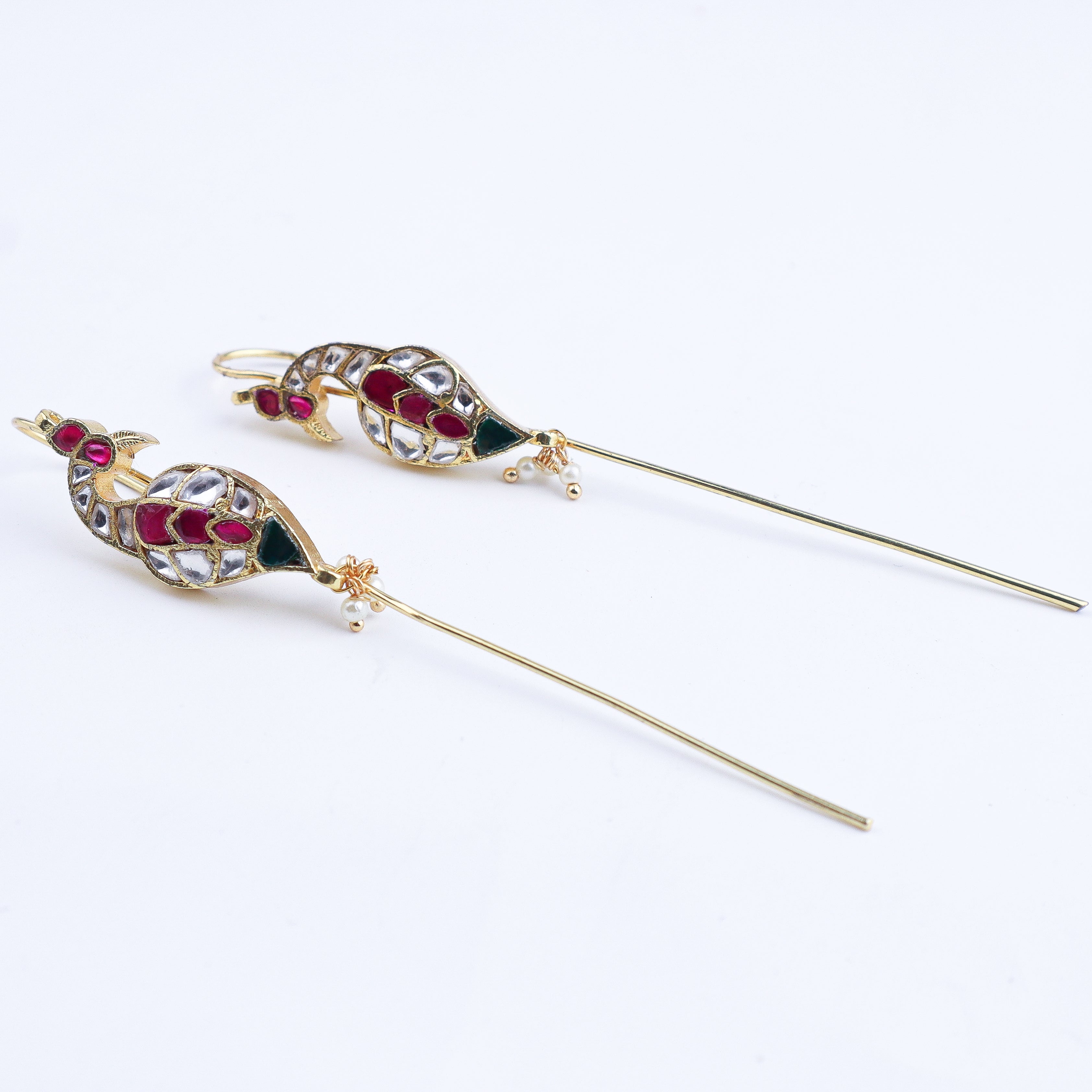Angled view of a 22K gold-plated fashion earring highlighting its unique silhouette, elegant structure, and polished gold finish