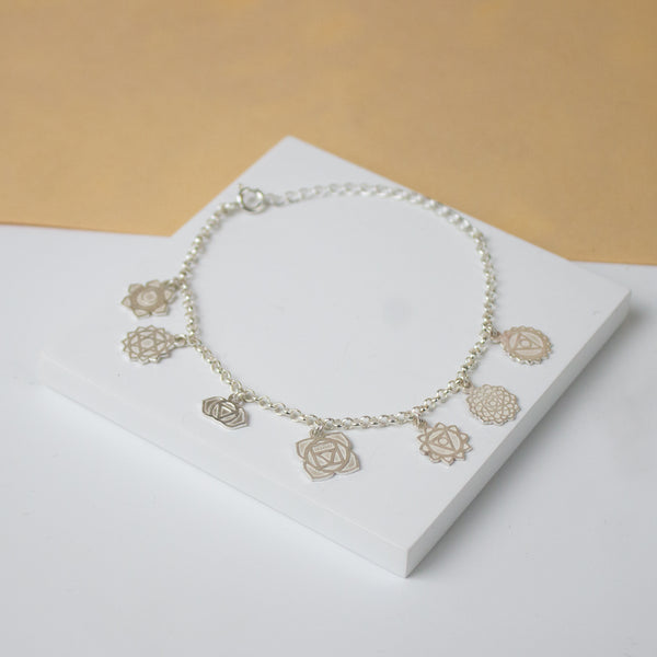 Close-up of Chakra Charm Silver Bracelet