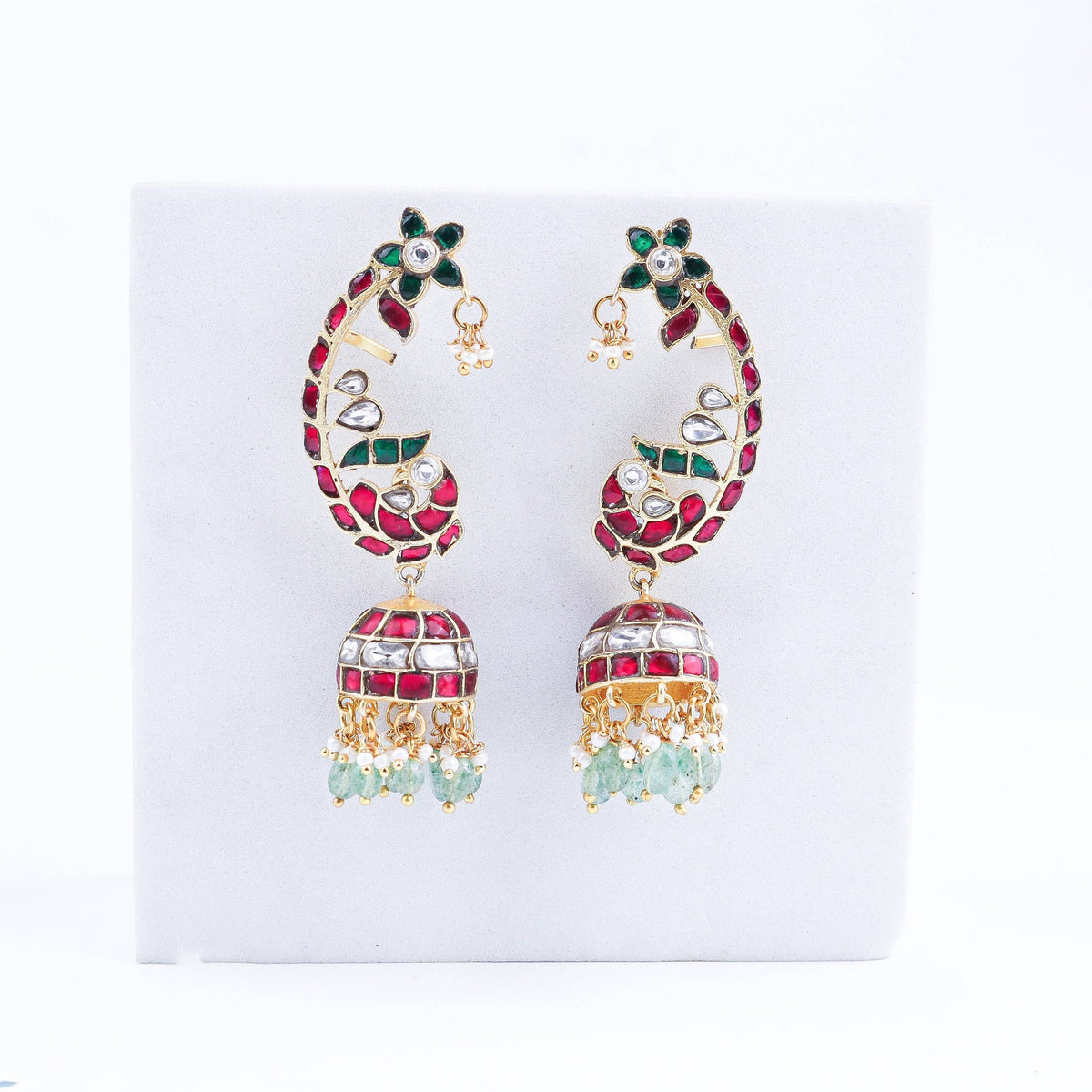 Detailed view of a 22K gold-plated fashion ear cuff highlighting intricate motifs, textured detailing, and premium 22K gold plating