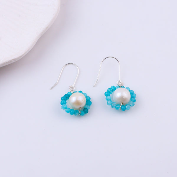 Blue Jade & Pearl Silver Earrings (Project Handmade)