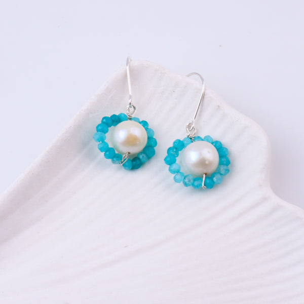 Blue Jade & Pearl Silver Earrings (Project Handmade)