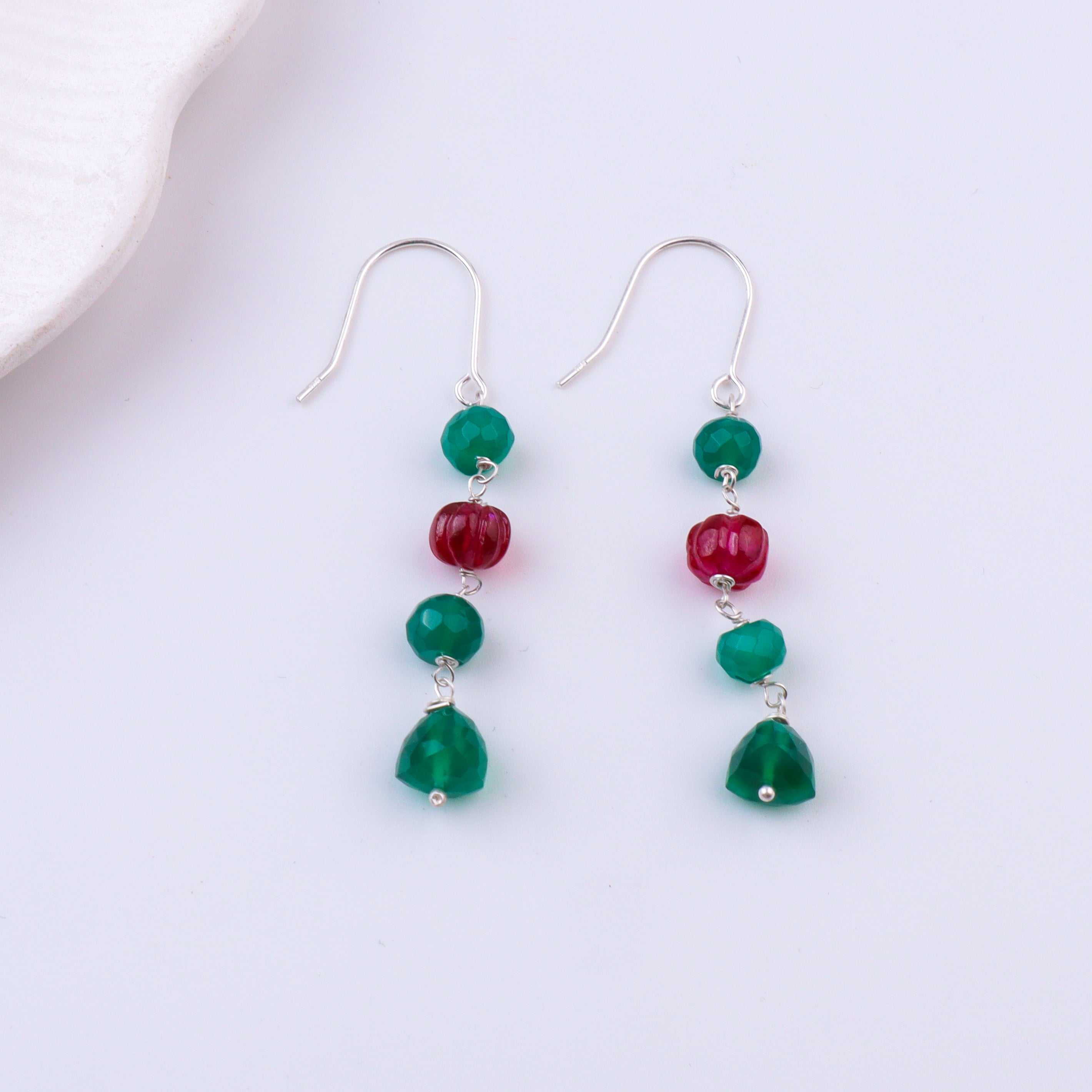 Green Onyx & Ruby Silver Earrings (Project Handmade)
