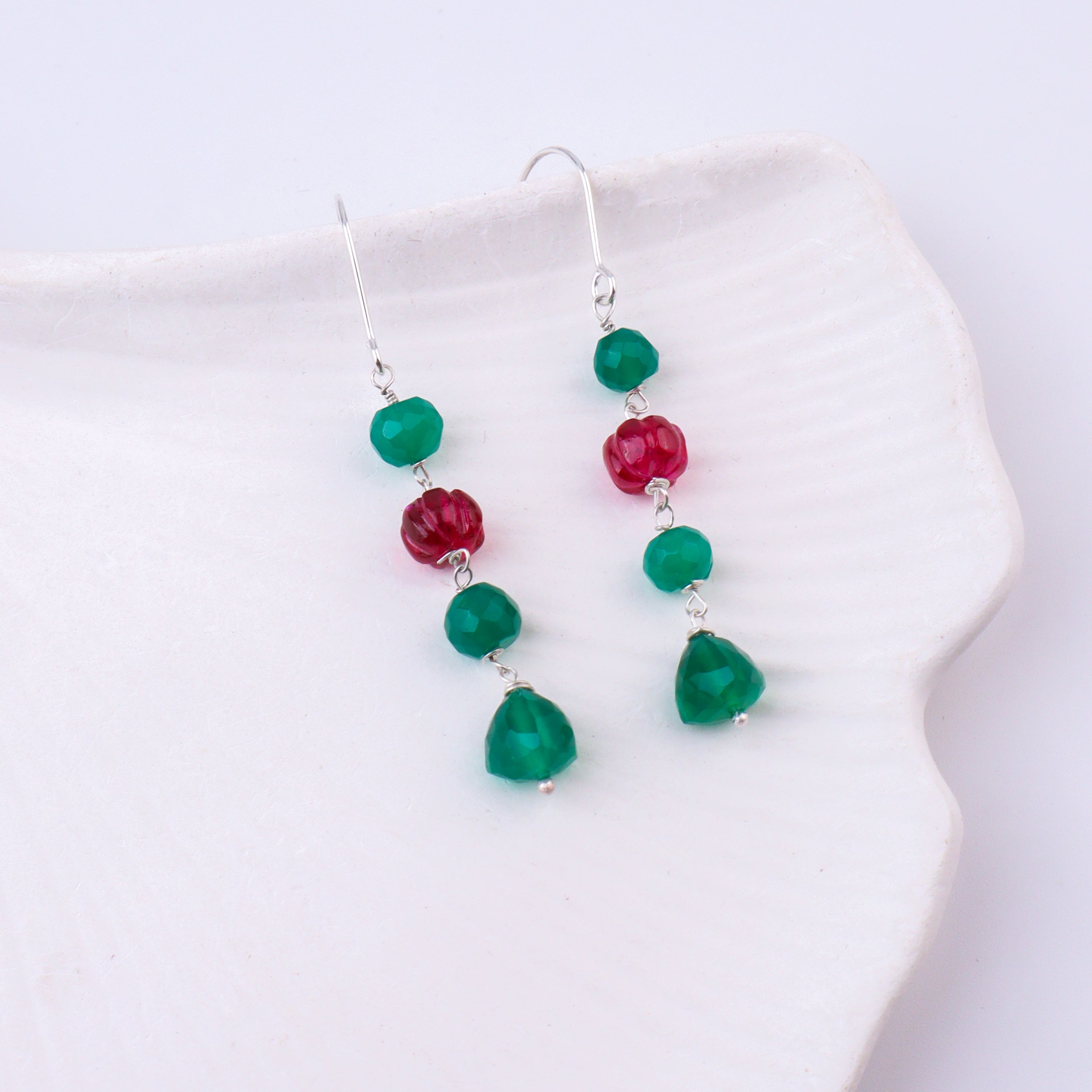 Green Onyx & Ruby Silver Earrings (Project Handmade)