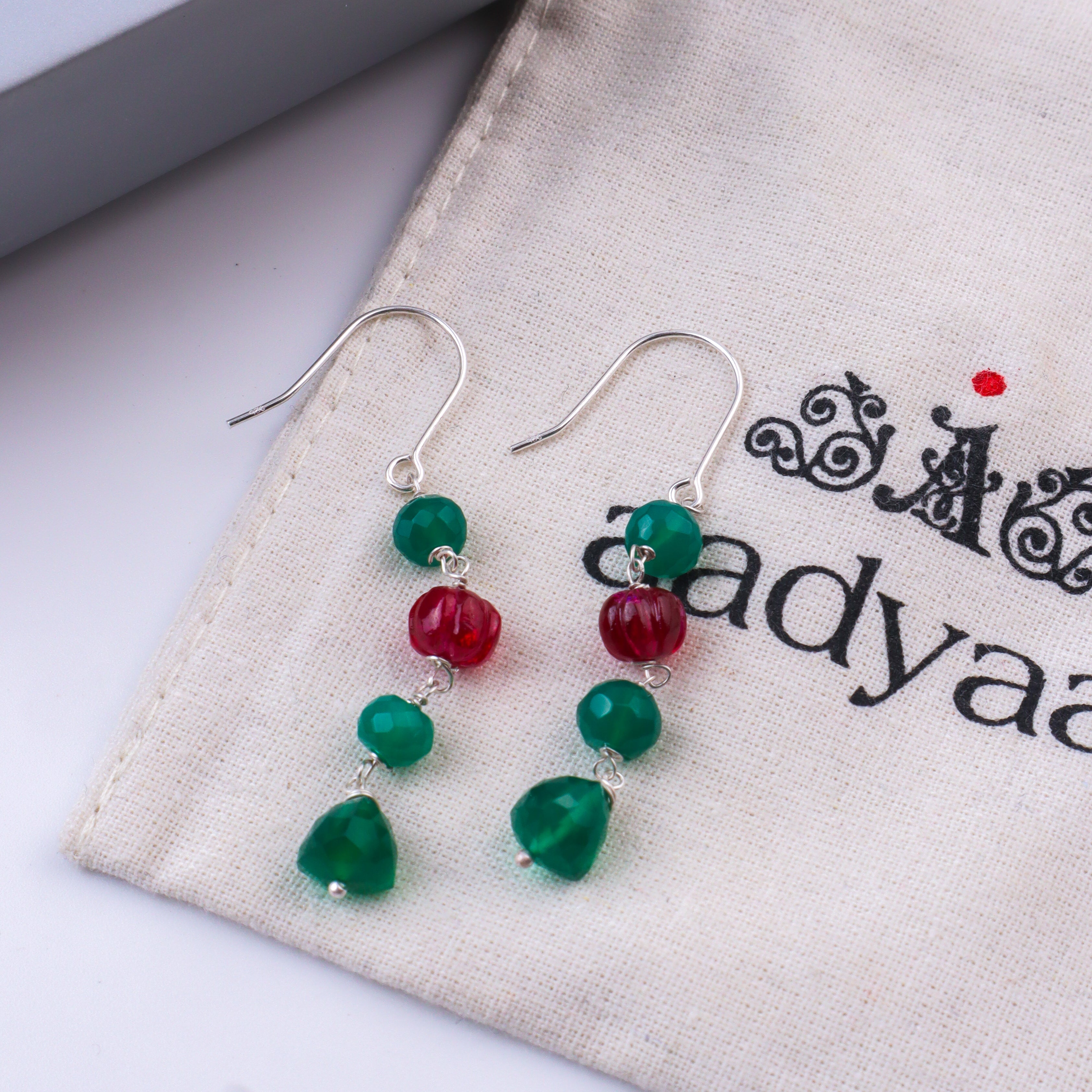 Green Onyx & Ruby Silver Earrings (Project Handmade)