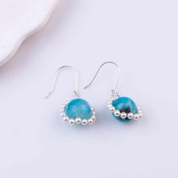 Blue Agate & Pearl Silver Earrings (Project Handmade)