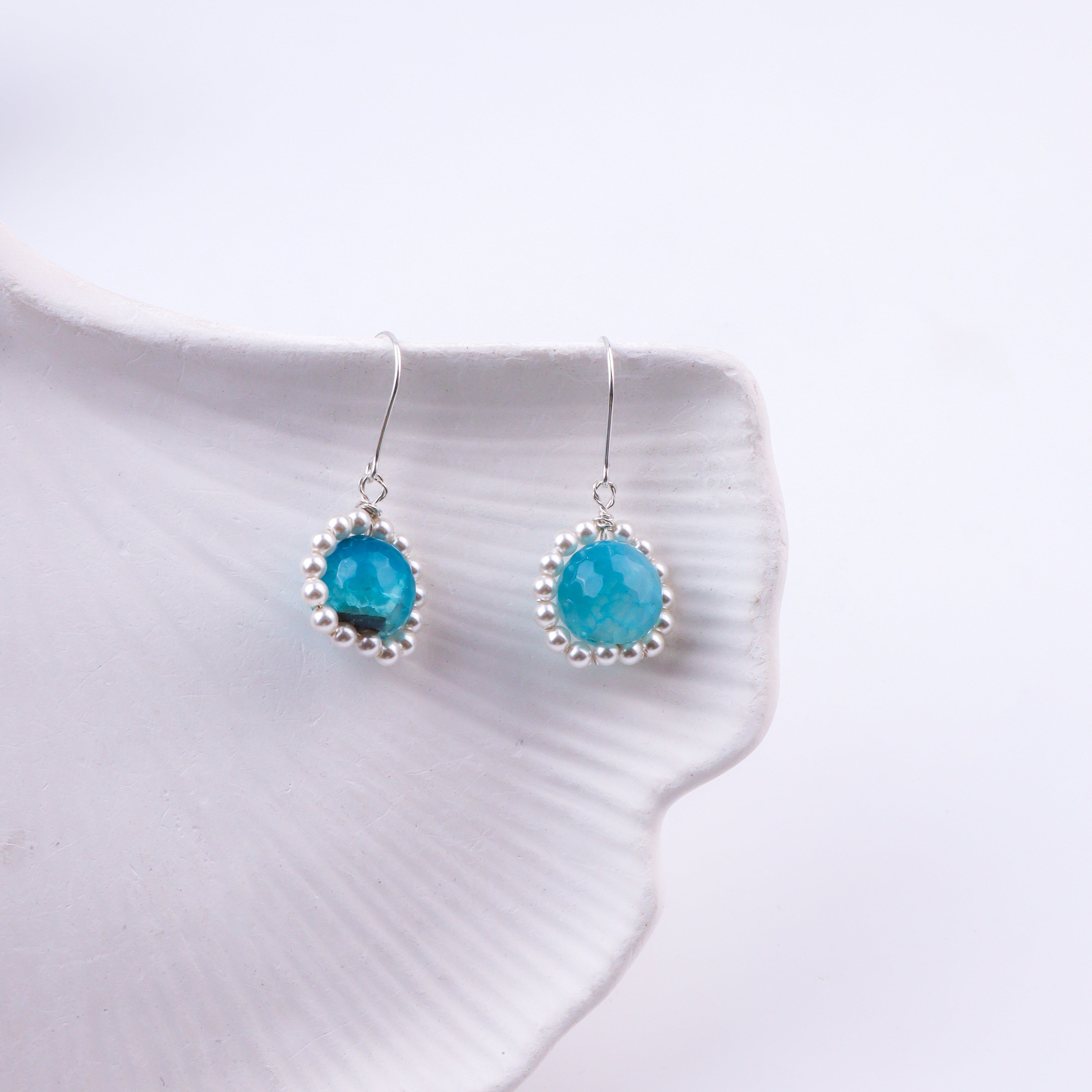 Blue Agate & Pearl Silver Earrings (Project Handmade)