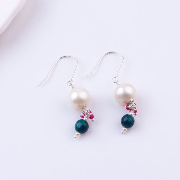 Blue Agate, Ruby & Pearl Silver Earrings (Project Handmade)