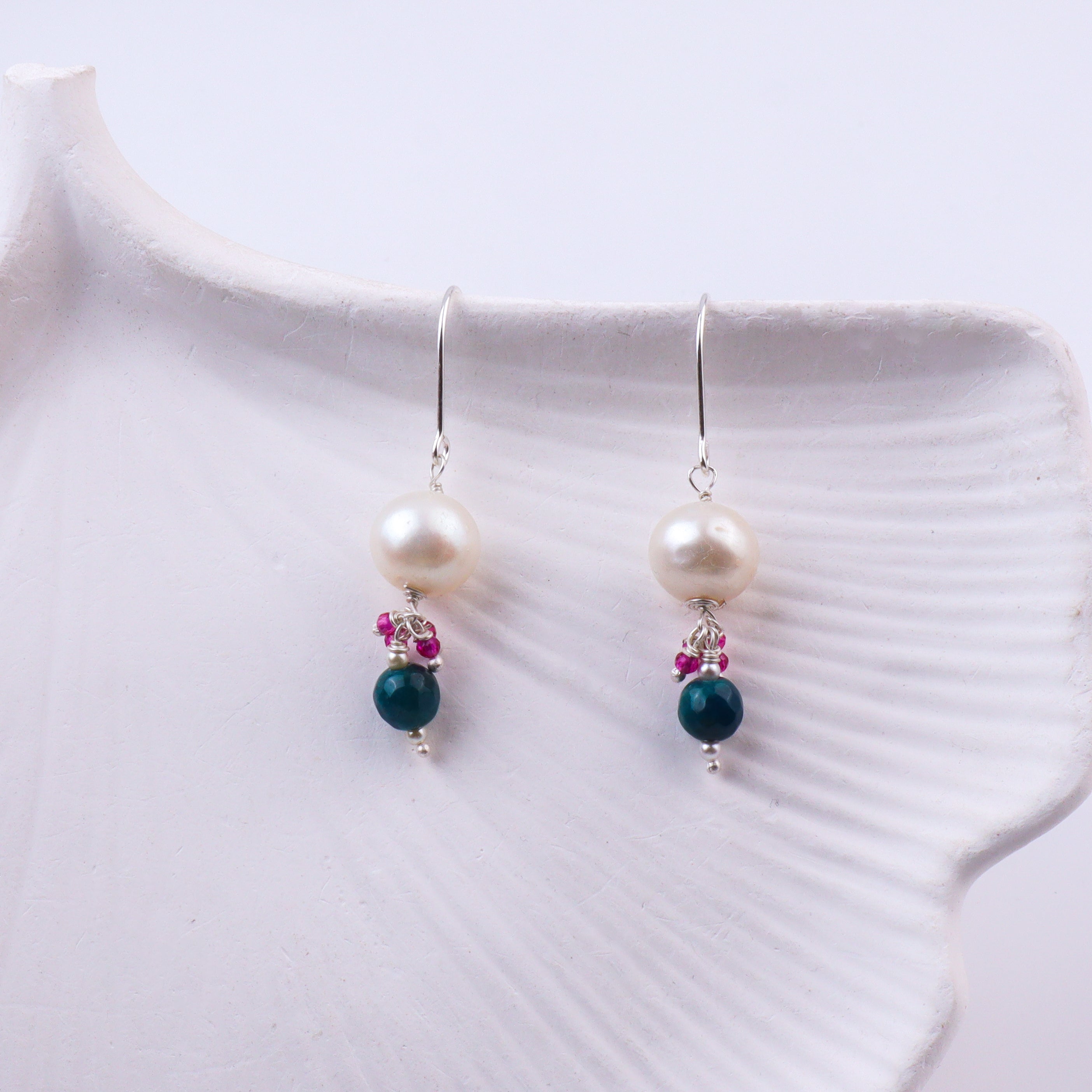 Blue Agate, Ruby & Pearl Silver Earrings (Project Handmade)