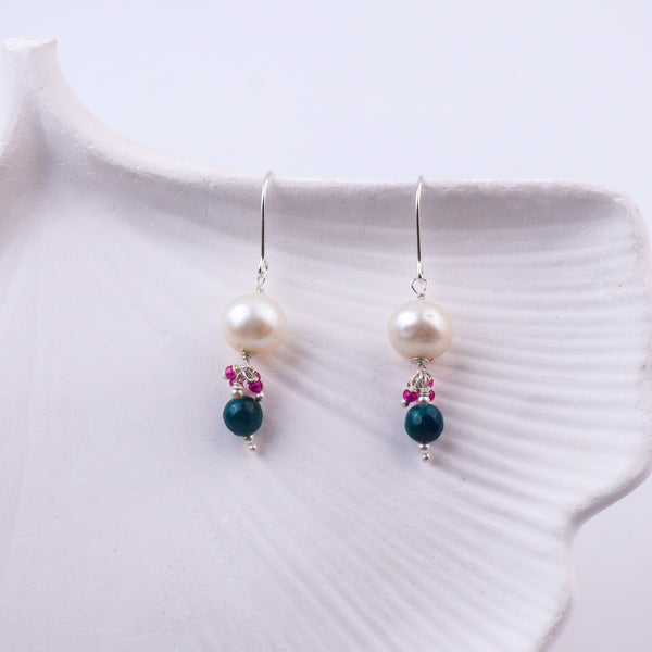 Blue Agate, Ruby & Pearl Silver Earrings (Project Handmade)