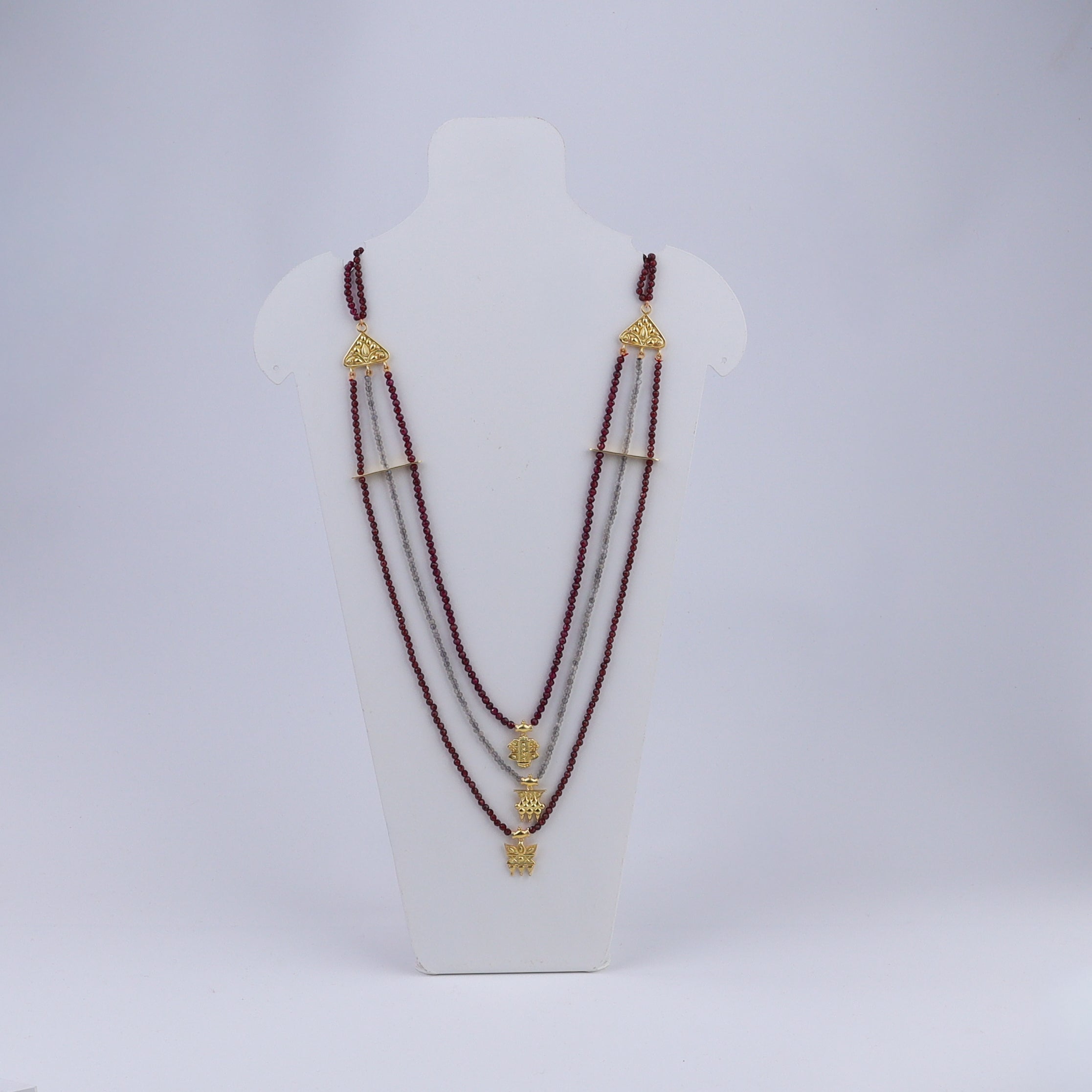 Saaj Motif Satlada Inspired Necklace with Garnets and Labradorite Stones | 925 Silver | 22K Gold Plated (3 Layered)