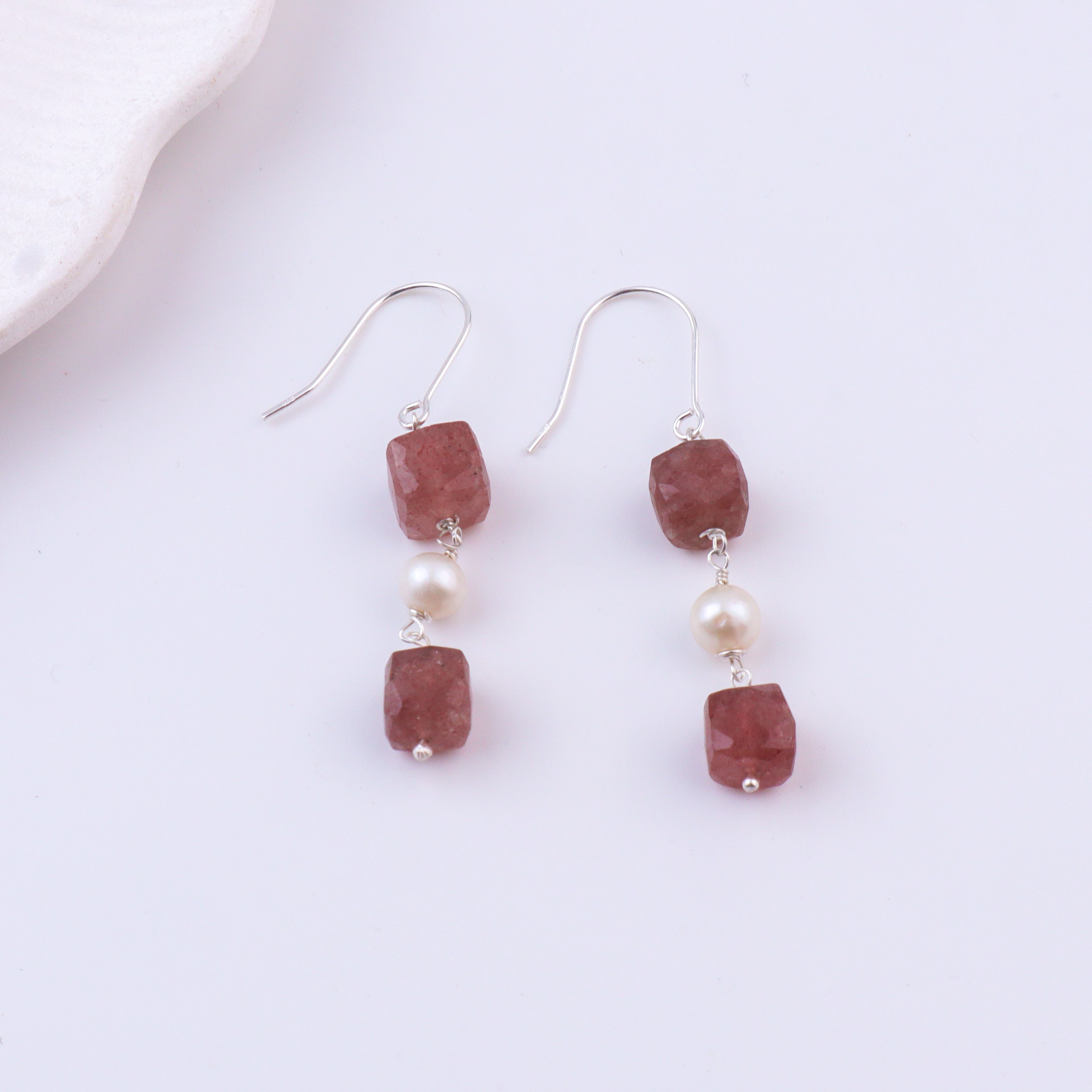 Strawberry Quartz & Pearl Silver Earrings (Project Handmade)