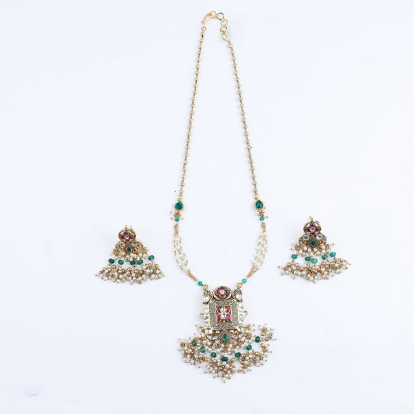 Detailed view of the 22K gold-plated fashion set highlighting intricate motifs, textured detailing, and a premium 22K gold-plated finish