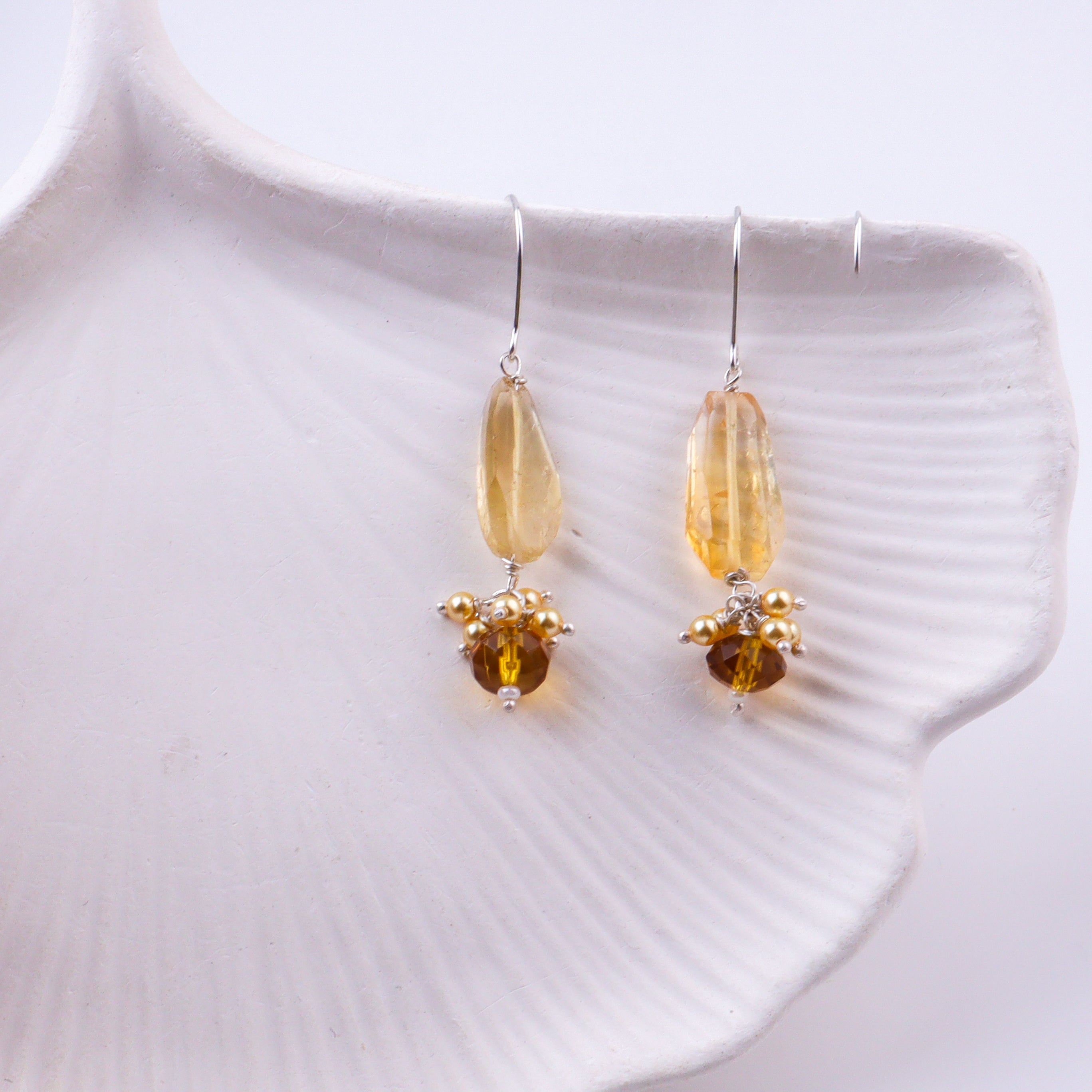Citrine, Yellow Agate & Golden Pearl Silver Earrings (Project Handmade)