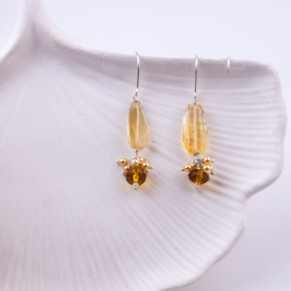 Citrine, Yellow Agate & Golden Pearl Silver Earrings (Project Handmade)