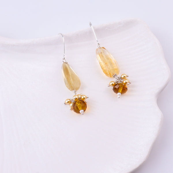 Citrine, Yellow Agate & Golden Pearl Silver Earrings (Project Handmade)