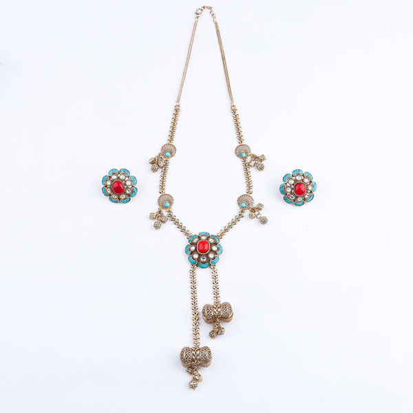 Detailed view of the 22K gold-plated fashion set highlighting intricate motifs, textured detailing, and a premium 22K gold-plated finish