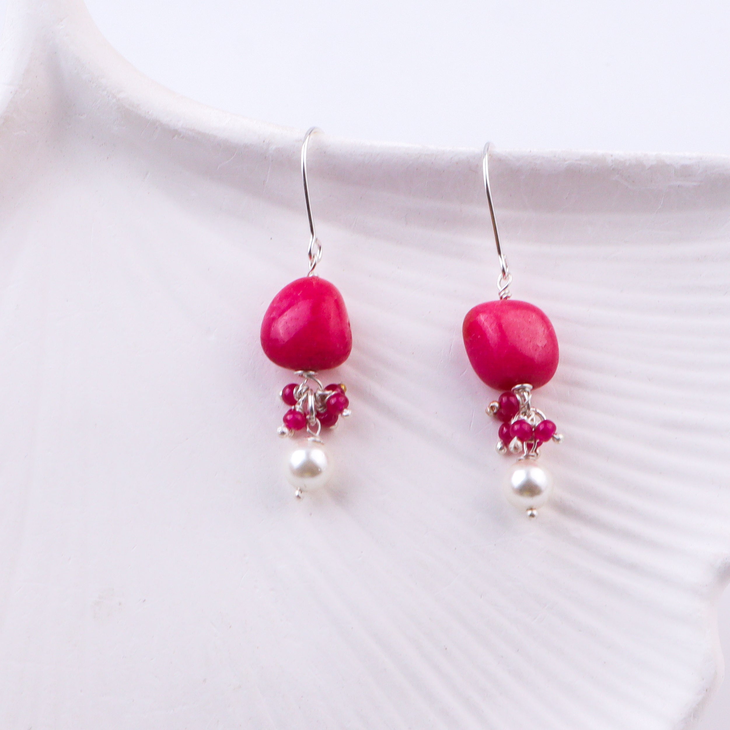 Pink Agate, Pink Jade & Pearl Silver Earrings (Project Handmade)