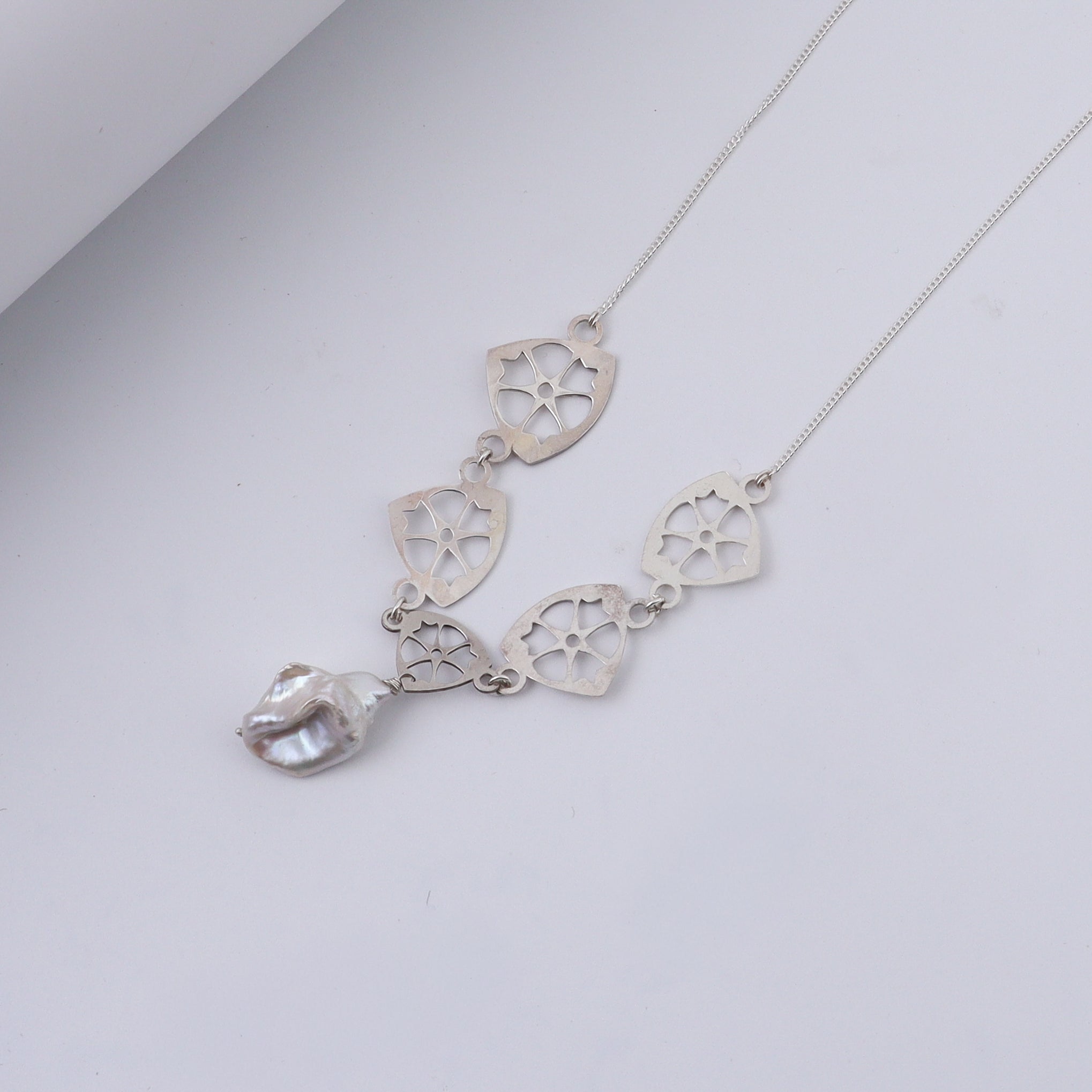 Silver Laser Filigree Pearl Drop Necklace