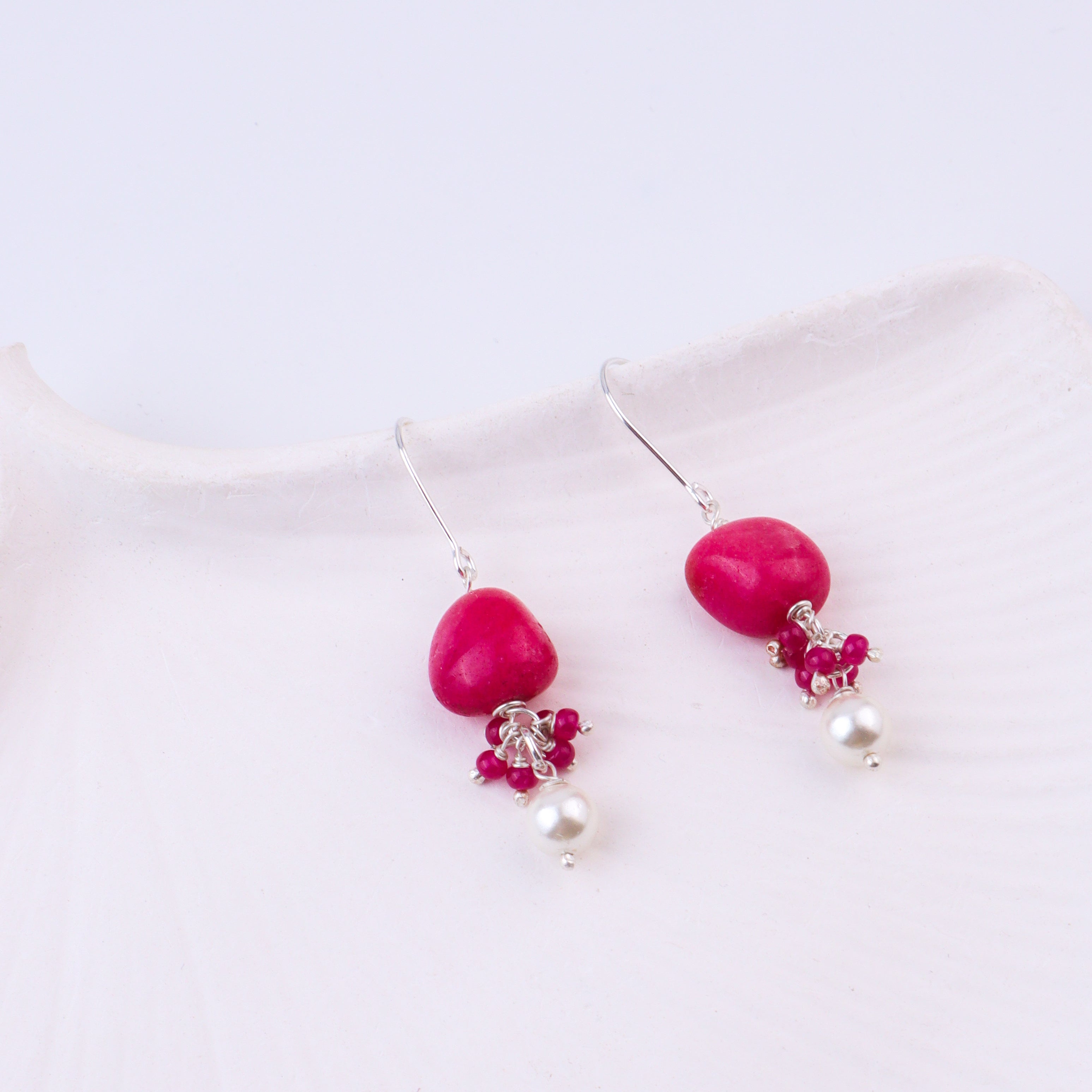 Pink Agate, Pink Jade & Pearl Silver Earrings (Project Handmade)