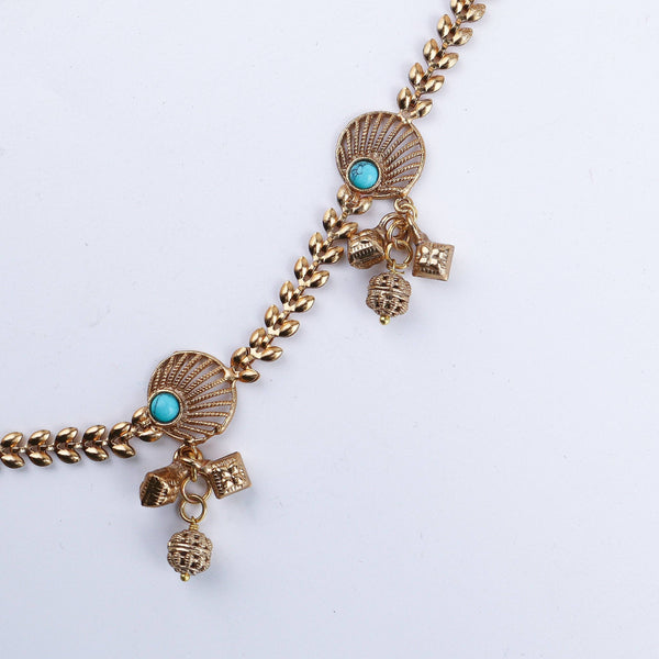 Detailed view of the 22K gold-plated fashion set highlighting intricate motifs, textured detailing, and a premium 22K gold-plated finish