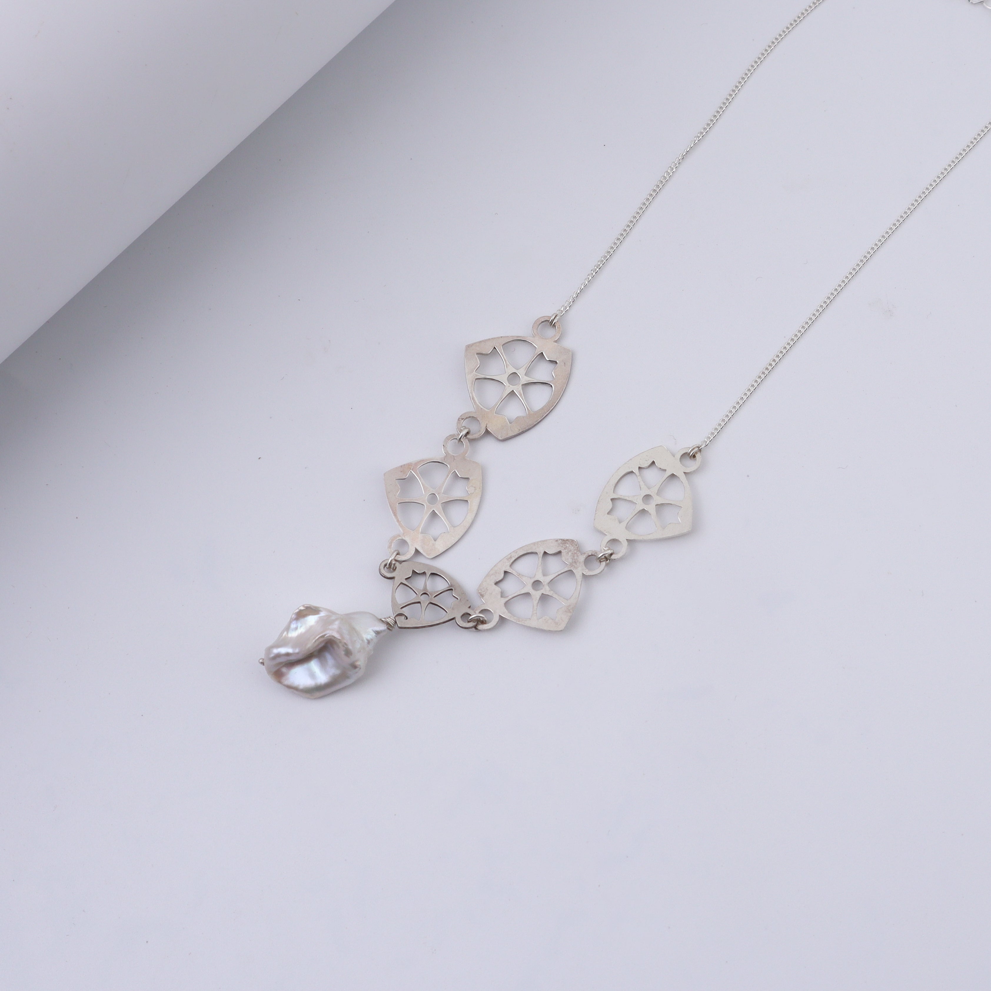 Silver Laser Filigree Pearl Drop Necklace