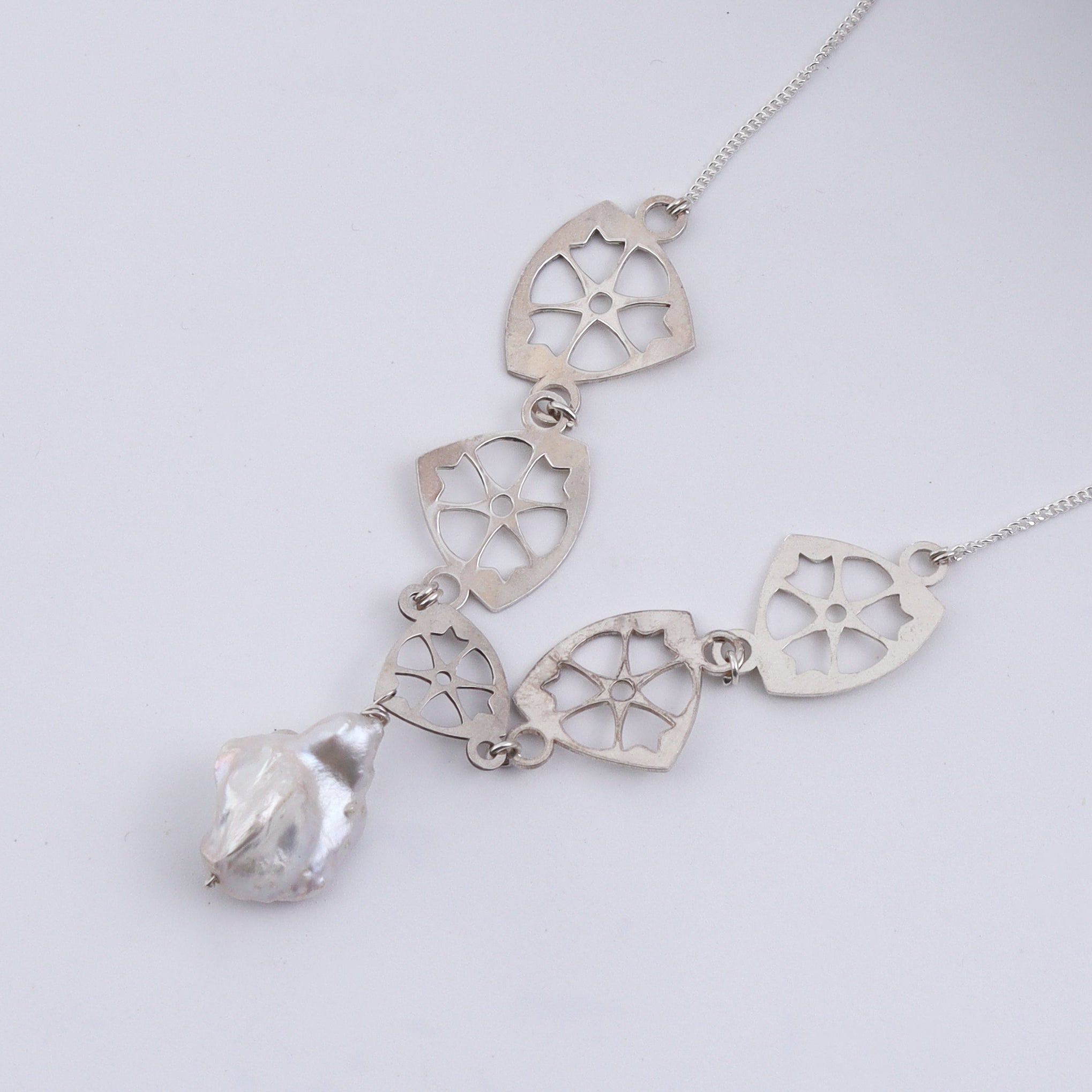 Silver Laser Filigree Pearl Drop Necklace