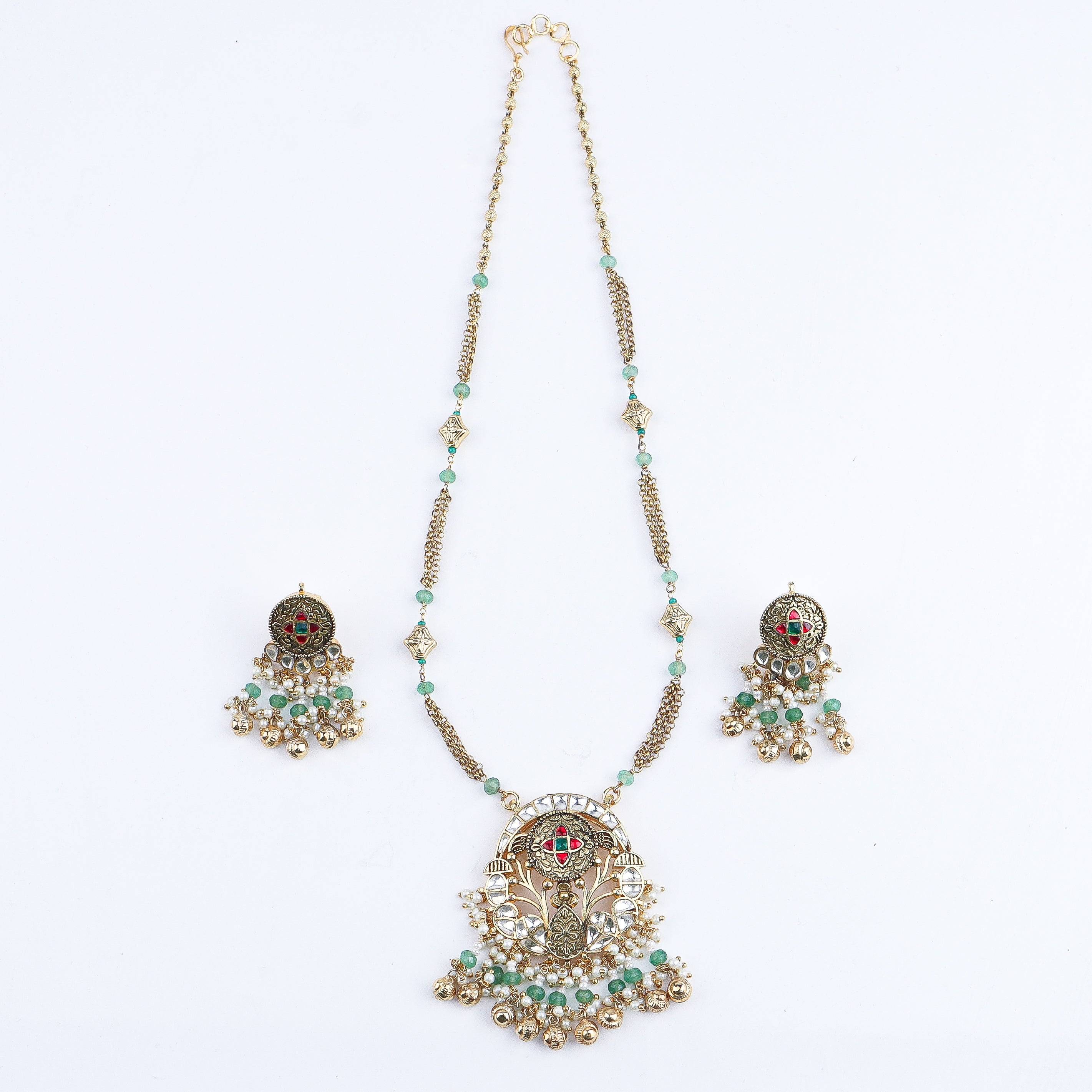 Detailed view of the 22K gold-plated fashion set highlighting intricate motifs, textured detailing, and premium 22K gold-plated finish