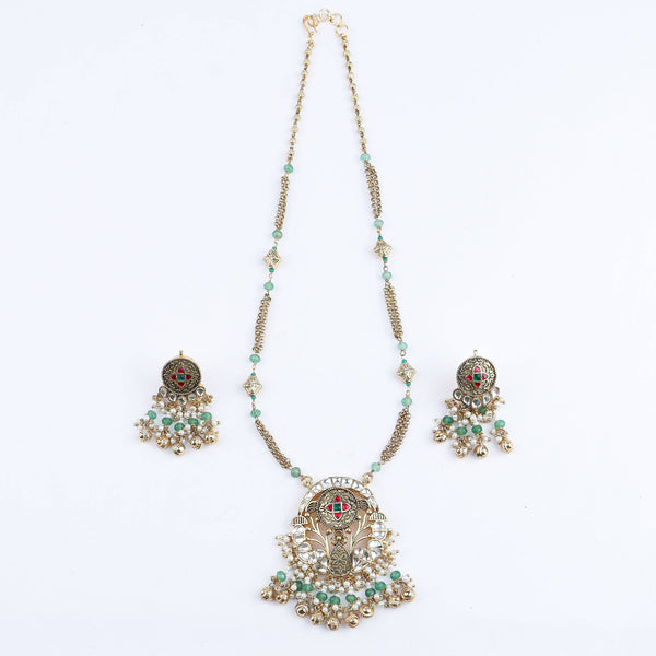 Detailed view of the 22K gold-plated fashion set highlighting intricate motifs, textured detailing, and premium 22K gold-plated finish