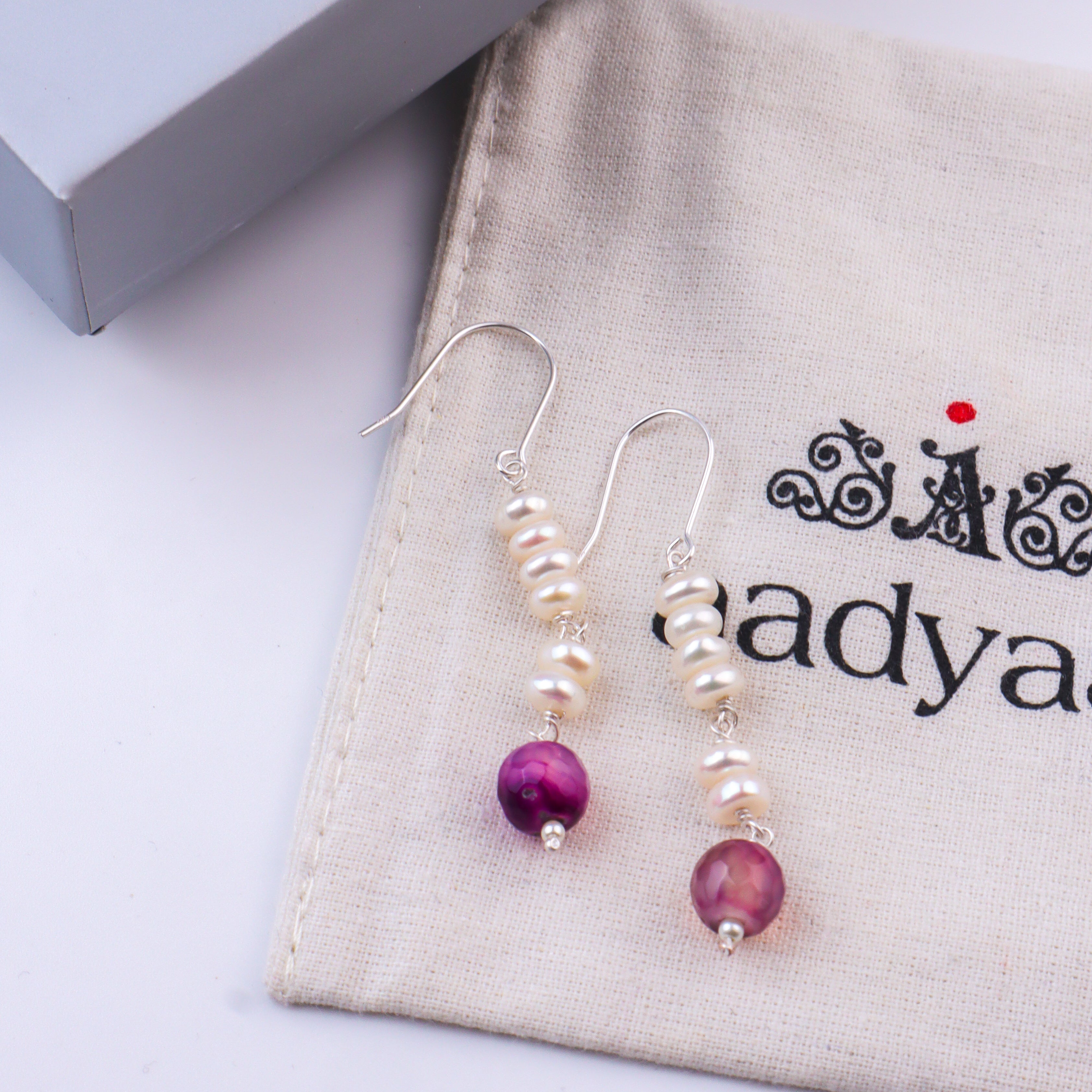 Purple Agate & Freshwater Pearl Silver Earrings (Project Handmade)