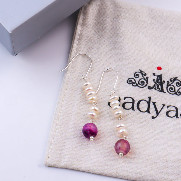 Purple Agate & Freshwater Pearl Silver Earrings (Project Handmade)
