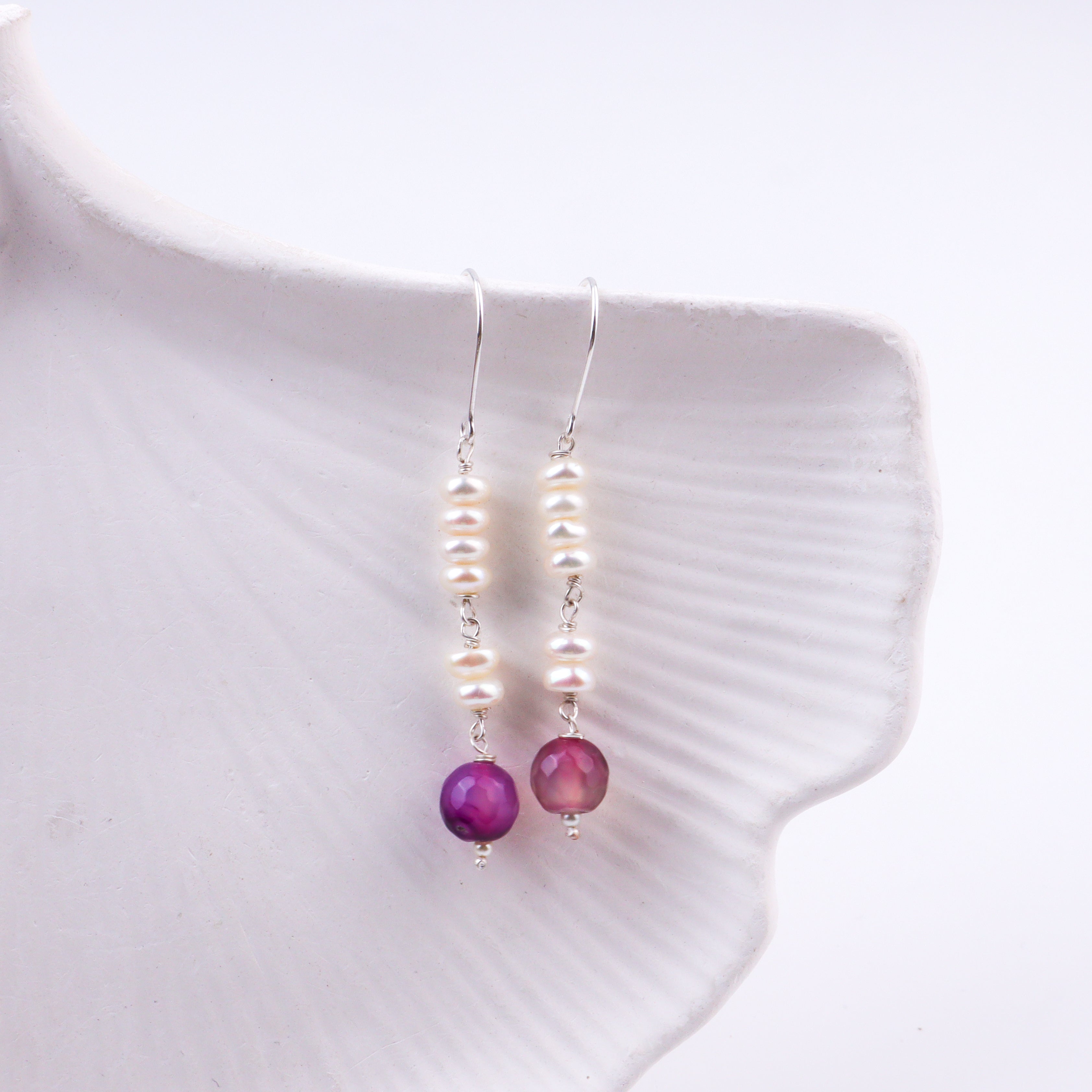 Purple Agate & Freshwater Pearl Silver Earrings (Project Handmade)