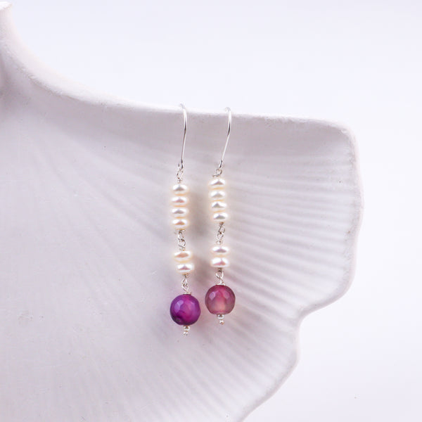 Purple Agate & Freshwater Pearl Silver Earrings (Project Handmade)