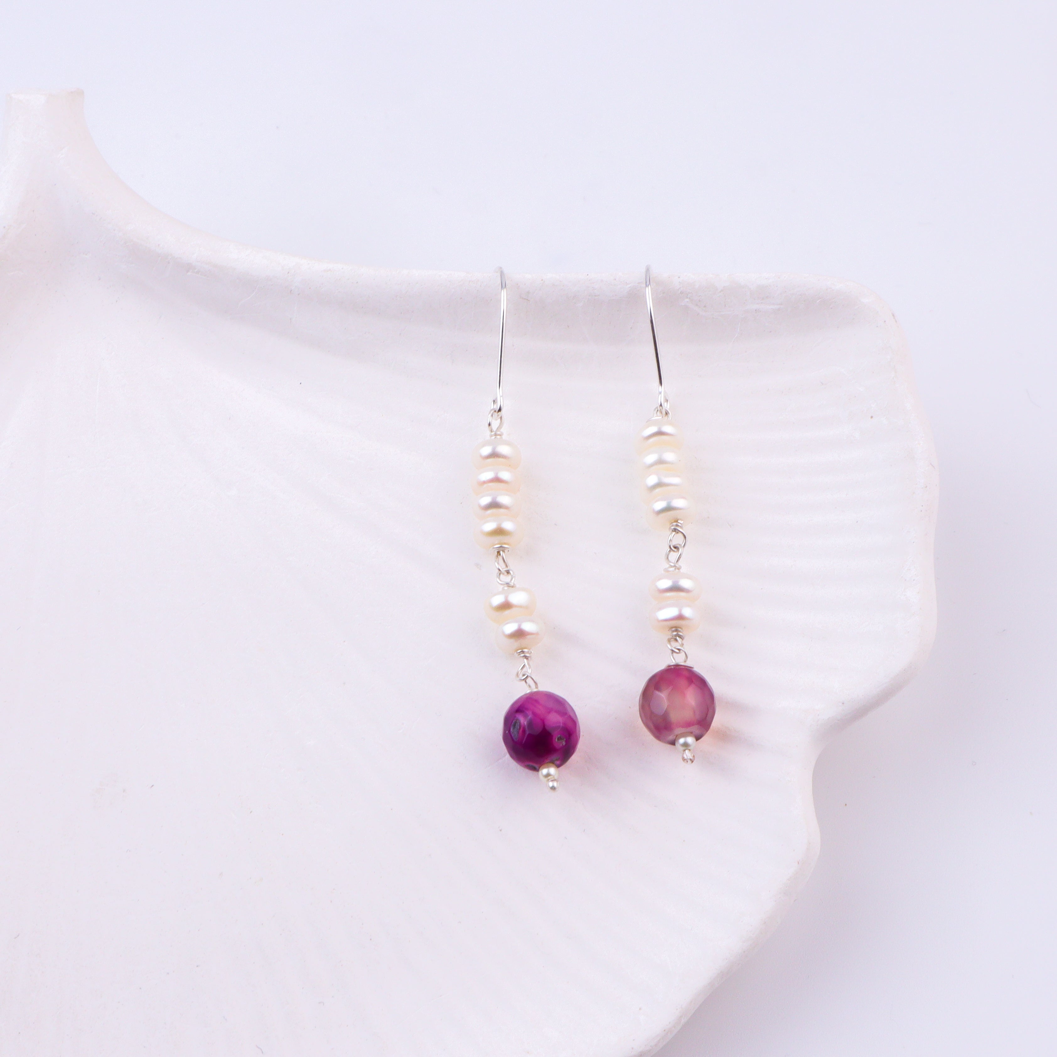 Purple Agate & Freshwater Pearl Silver Earrings (Project Handmade)