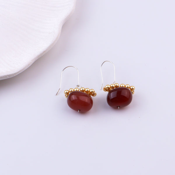 Brown Agate & Golden Pearl Silver Earrings (Project Handmade)