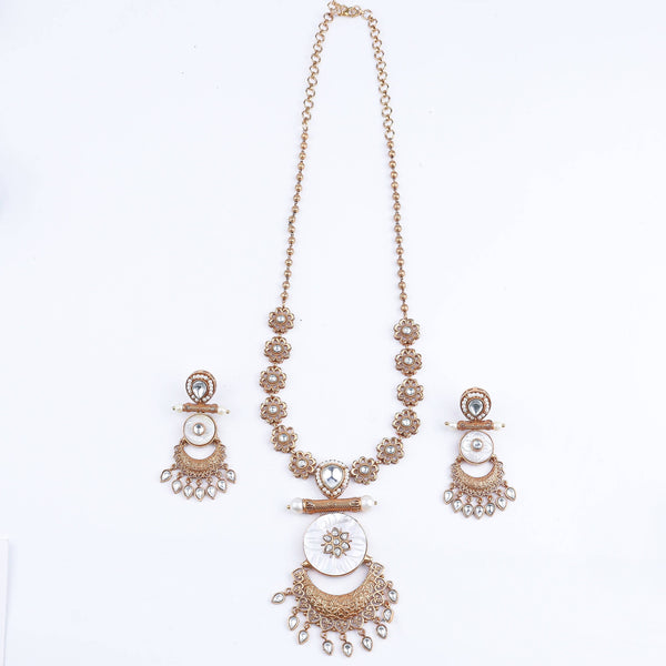 Detailed view of the 22K gold-plated fashion set highlighting intricate motifs, textured detailing, and a premium 22K gold-plated finish