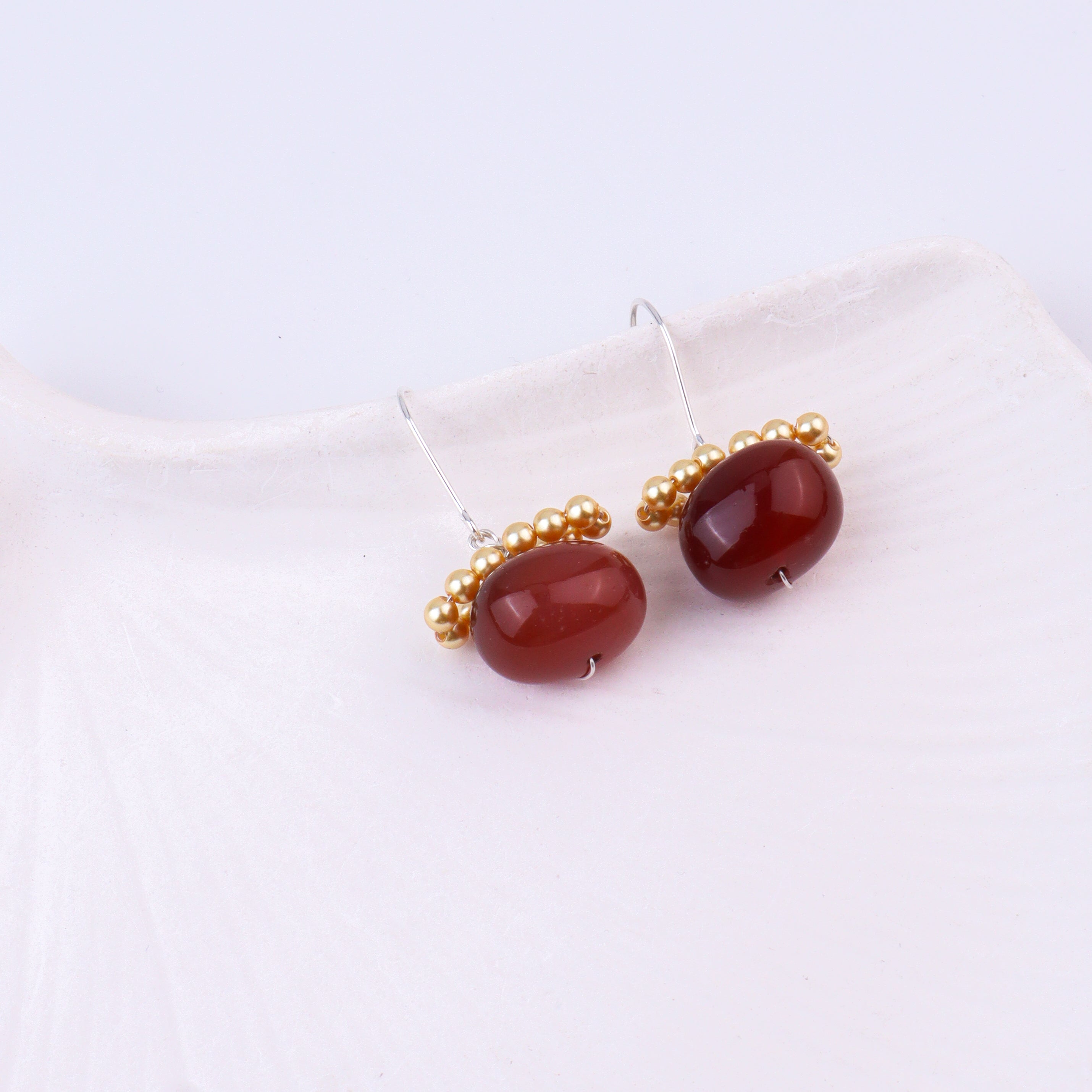 Brown Agate & Golden Pearl Silver Earrings (Project Handmade)