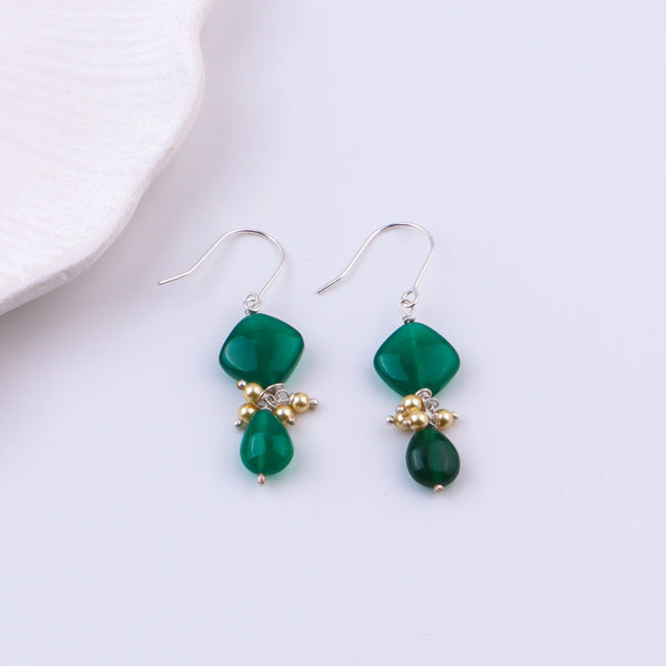 Green Onyx & Golden Pearl Silver Earrings (Project Handmade)