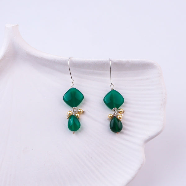 Green Onyx & Golden Pearl Silver Earrings (Project Handmade)