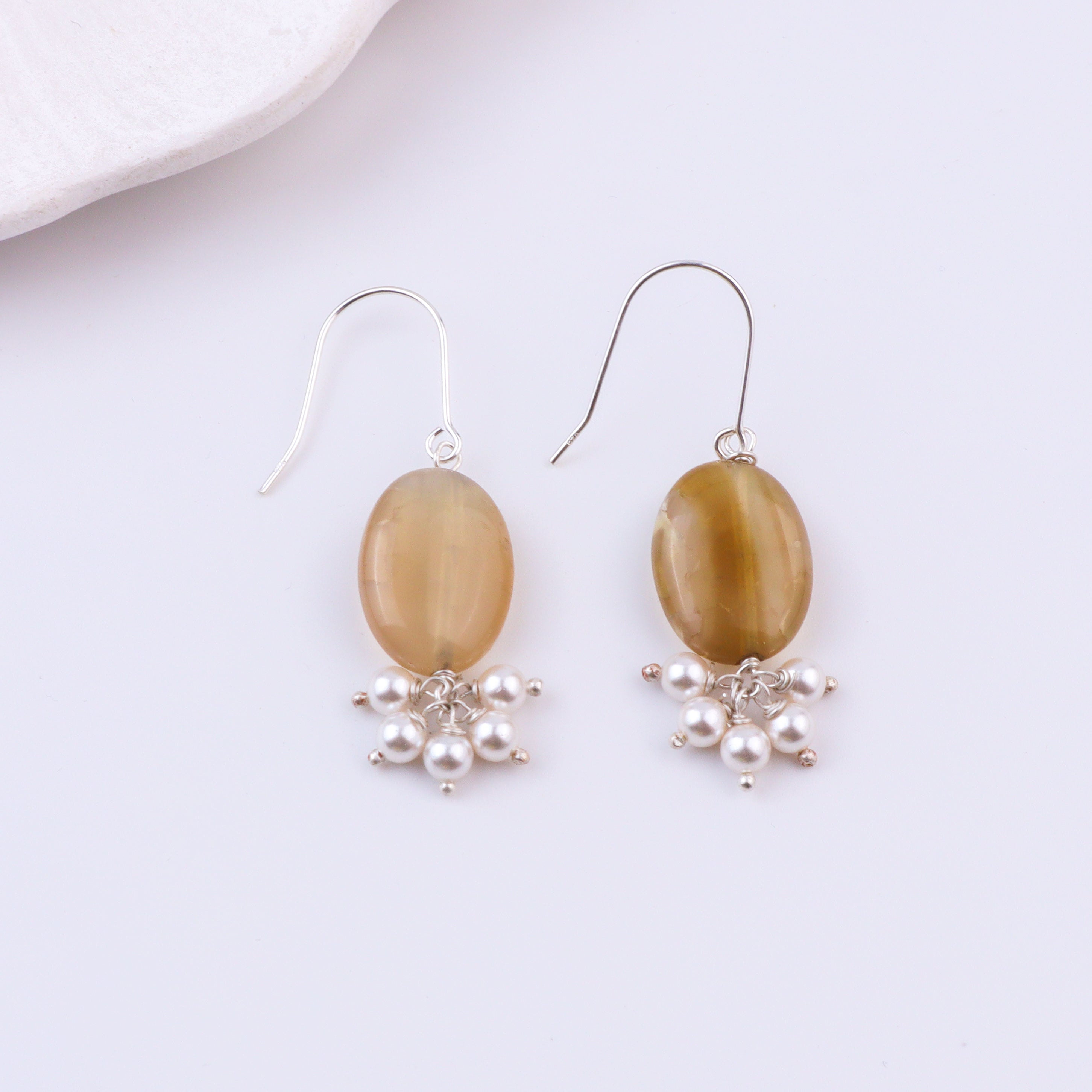 Yellow Agate & Pearl Silver Earrings (Project Handmade)