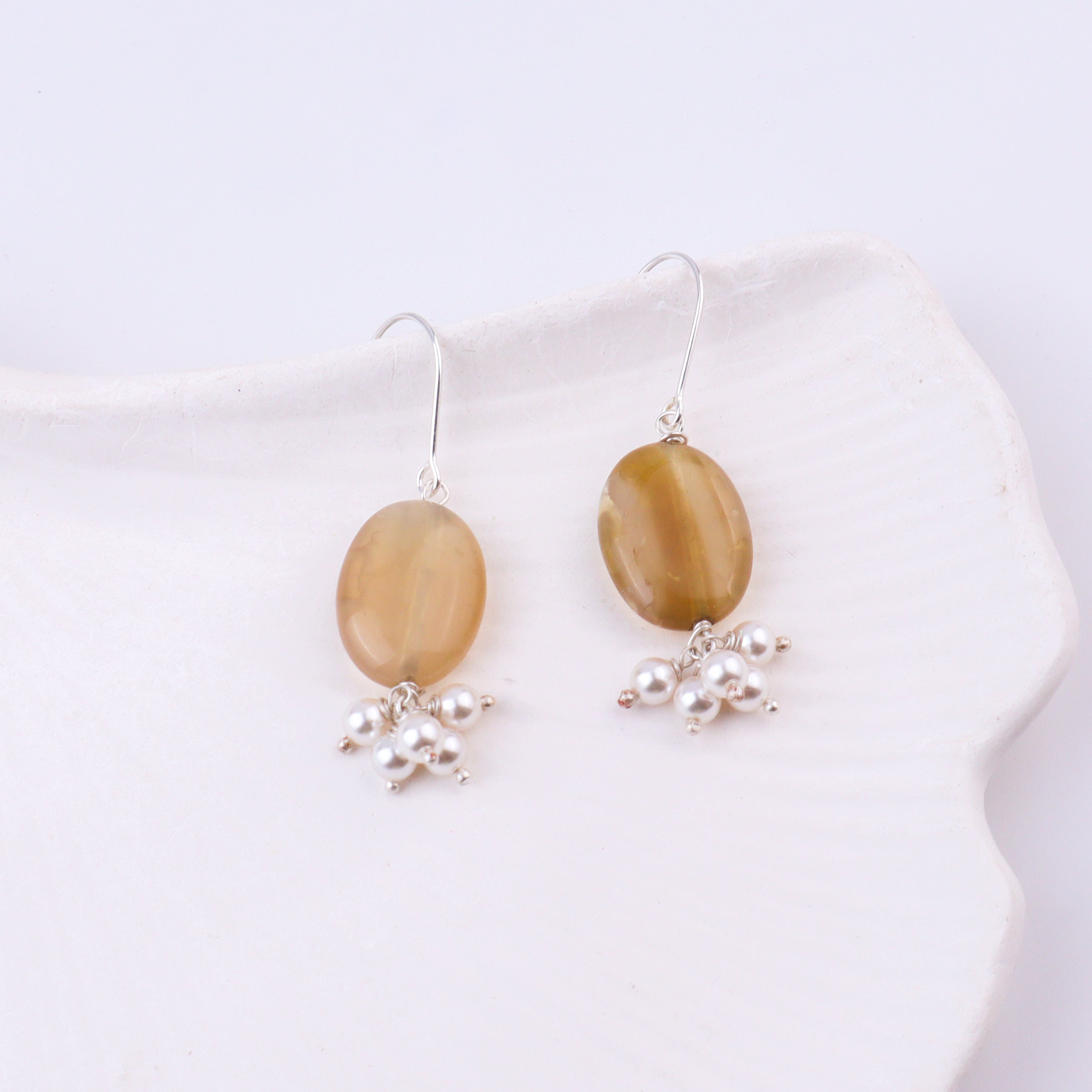 Yellow Agate & Pearl Silver Earrings (Project Handmade)