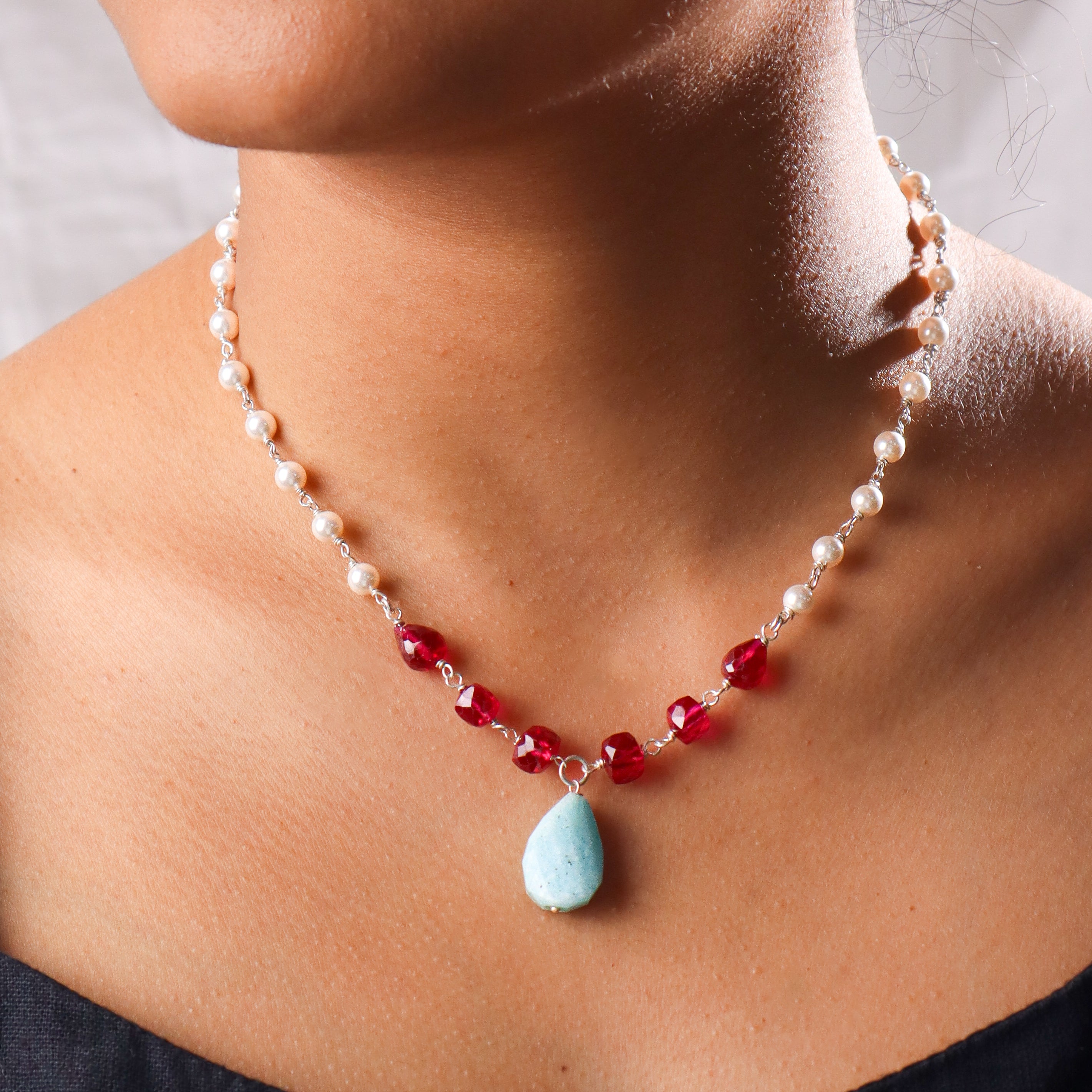 Multicolour Stone Necklace with Pearl Ganthan